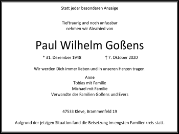 Traueranzeige von Paul Wilhelm Goßens von WVW Anzeigenblätter