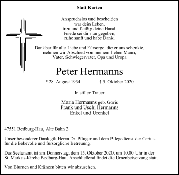 Traueranzeige von Peter Hermanns von WVW Anzeigenblätter