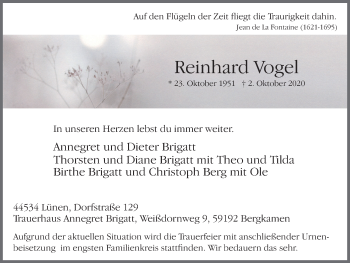 Traueranzeige von Reinhard Vogel von WVW Anzeigenblätter
