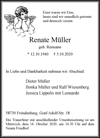Traueranzeige von Renate Müller von WVW Anzeigenblätter