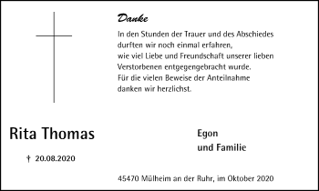 Traueranzeige von Rita Thomas von WVW Anzeigenblätter