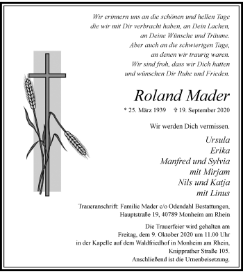 Traueranzeige von Roland Mader von WVW Anzeigenblätter