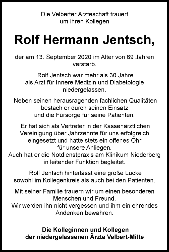  Traueranzeige für Rolf Hermann Jentsch vom 02.10.2020 aus WVW Anzeigenblätter