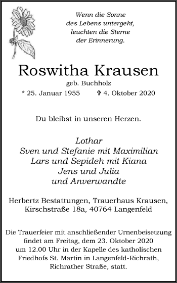 Traueranzeige von Roswitha Krausen von WVW Anzeigenblätter