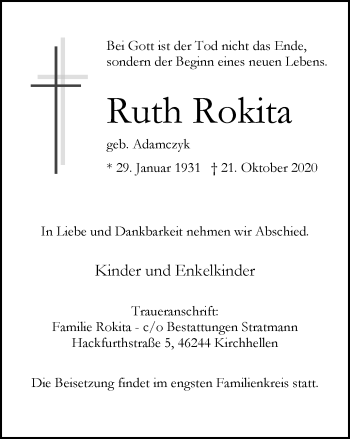Traueranzeige von Ruth Rokita von WVW Anzeigenblätter