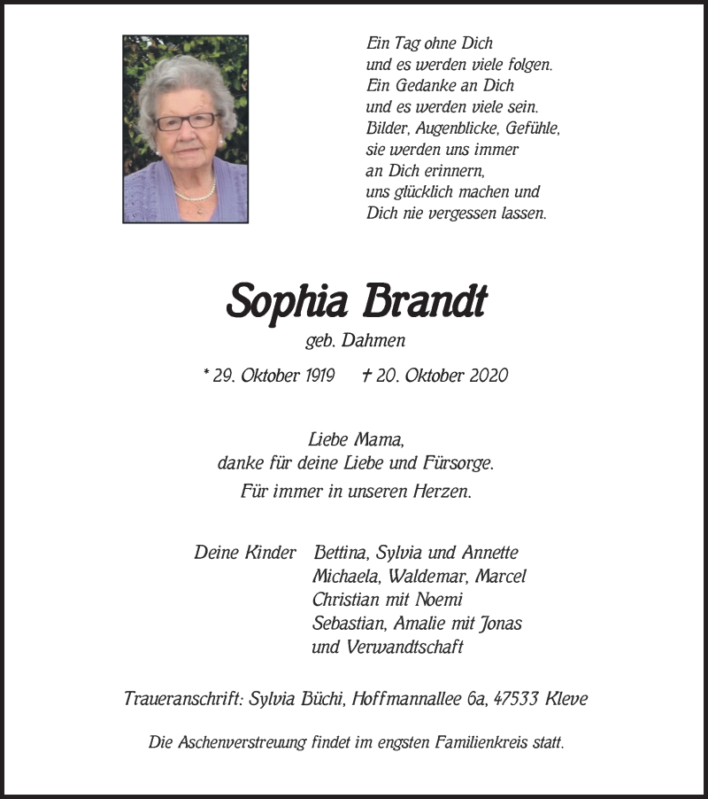  Traueranzeige für Sophia Brandt vom 28.10.2020 aus WVW Anzeigenblätter