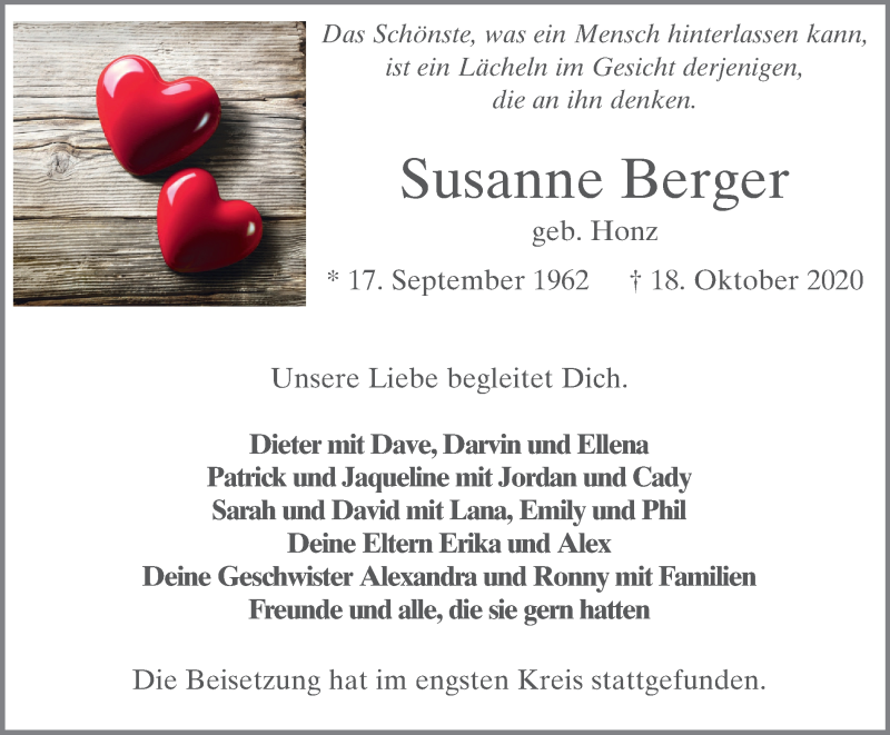  Traueranzeige für Susanne Berger vom 31.10.2020 aus WVW Anzeigenblätter