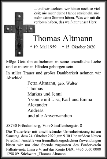 Traueranzeige von Thomas Altmann von WVW Anzeigenblätter
