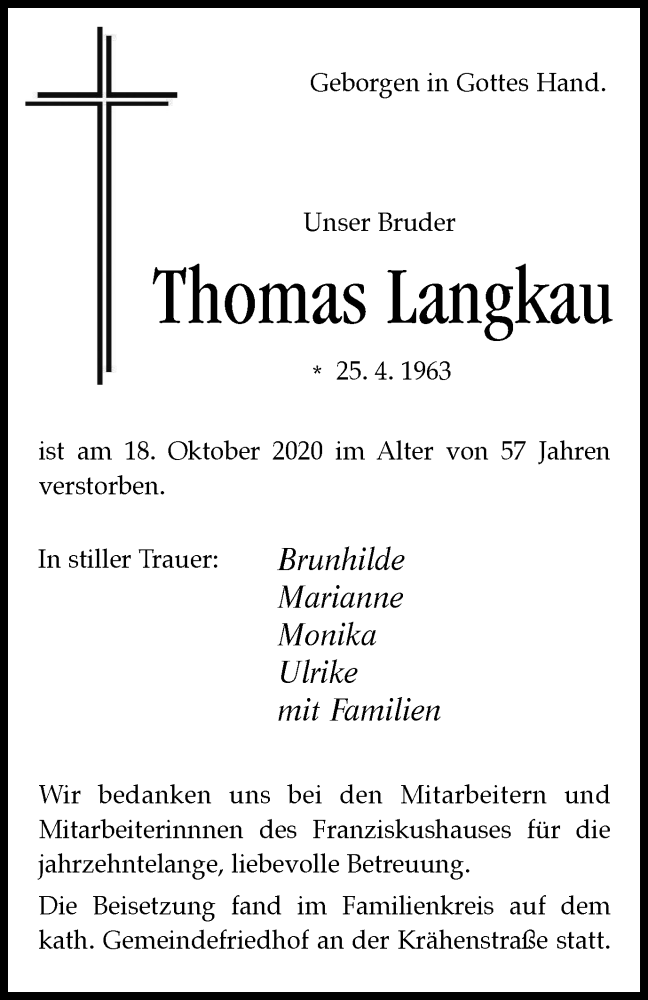  Traueranzeige für Thomas Langkau vom 24.10.2020 aus WVW Anzeigenblätter