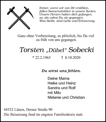 Traueranzeige von Torsten  Sobecki von WVW Anzeigenblätter