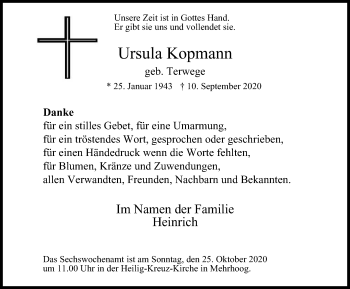 Traueranzeige von Ursula Kopmann von WVW Anzeigenblätter