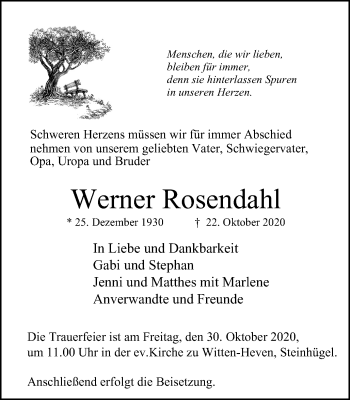 Traueranzeige von Werner Rosendahl von WVW Anzeigenblätter