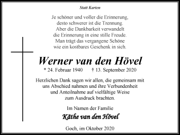 Traueranzeige von Werner van den Hövel von WVW Anzeigenblätter