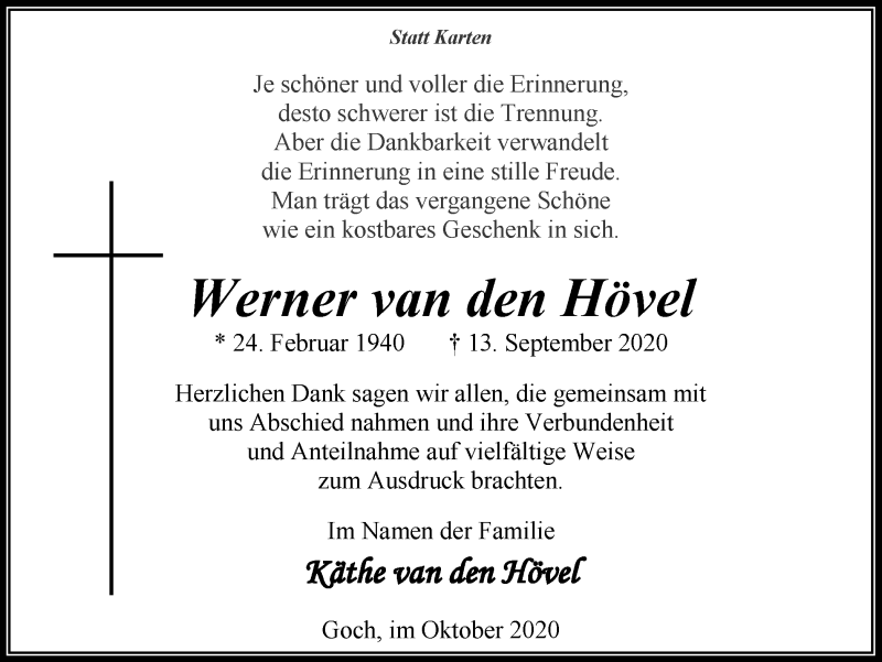  Traueranzeige für Werner van den Hövel vom 24.10.2020 aus WVW Anzeigenblätter
