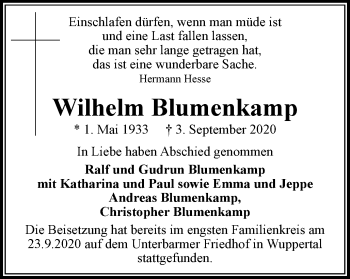 Traueranzeige von Wilhelm Blumenkamp von WVW Anzeigenblätter