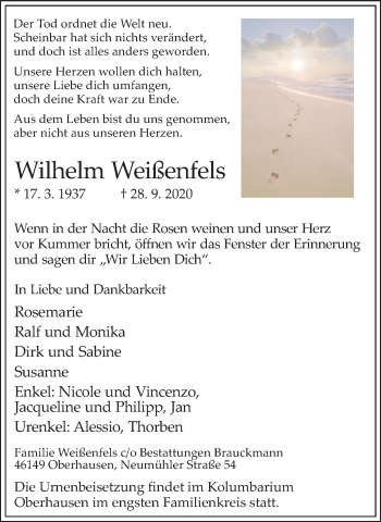 Traueranzeige von Wilhelm Weißenfels von WVW Anzeigenblätter