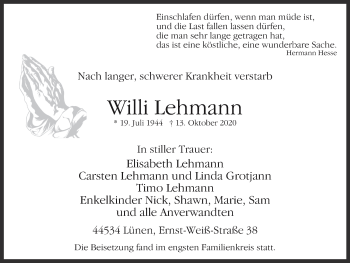 Traueranzeige von Willi Lehmann von WVW Anzeigenblätter