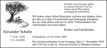 Traueranzeige von Alexander Schulte von WVW Anzeigenblätter