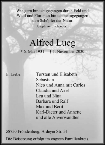 Traueranzeige von Alfred Lueg von WVW Anzeigenblätter