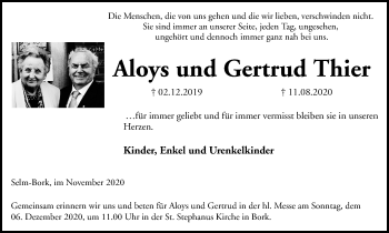 Traueranzeige von Aloys und Gertrud Thier von WVW Anzeigenblätter