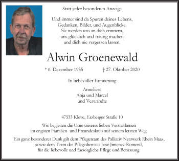 Traueranzeige von Alwin Groenewald von WVW Anzeigenblätter
