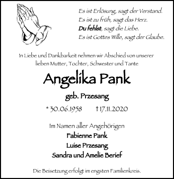 Traueranzeige von Angelika Pank von WVW Anzeigenblätter