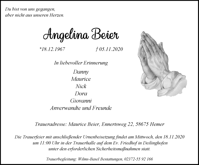  Traueranzeige für Angelina Beier vom 14.11.2020 aus WVW Anzeigenblätter