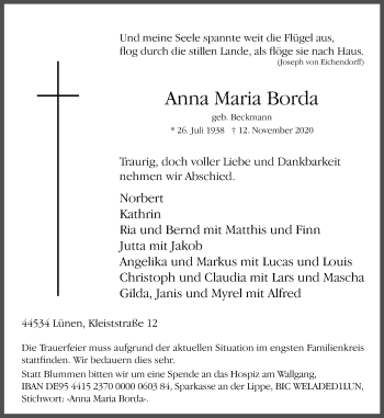 Traueranzeige von Anna Maria Borda von WVW Anzeigenblätter
