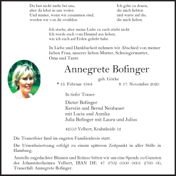 Traueranzeige von Annegrete Bofinger von WVW Anzeigenblätter