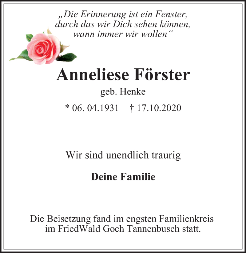  Traueranzeige für Anneliese Förster vom 11.11.2020 aus WVW Anzeigenblätter