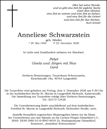 Traueranzeige von Anneliese Schwarzstein von WVW Anzeigenblätter