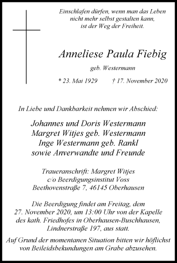 Traueranzeige von Anneliese Paula Fiebig von WVW Anzeigenblätter