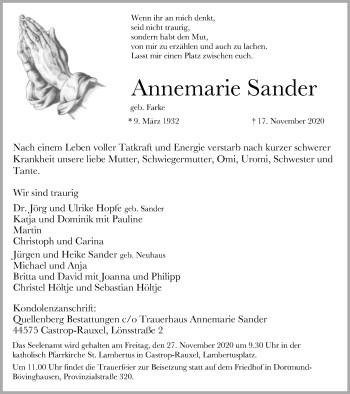 Traueranzeige von Annemarie Sander von WVW Anzeigenblätter
