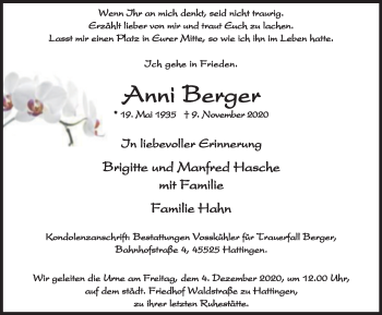 Traueranzeige von Anni Berger von WVW Anzeigenblätter
