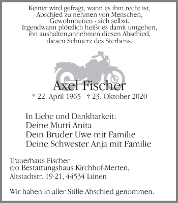 Traueranzeige von Axel Fischer von WVW Anzeigenblätter