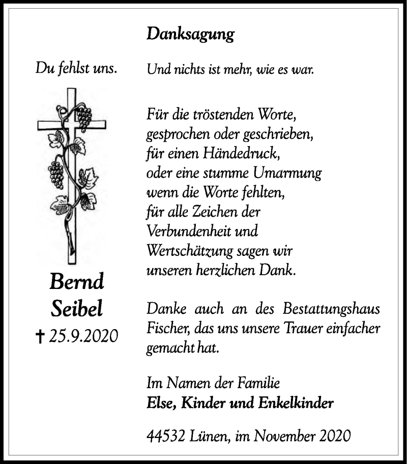  Traueranzeige für Bernd Seibel vom 07.11.2020 aus WVW Anzeigenblätter