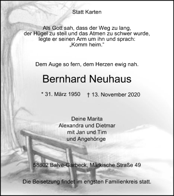 Traueranzeige von Bernhard Neuhaus von WVW Anzeigenblätter