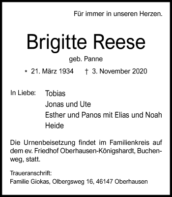 Traueranzeige von Brigitte Reese von WVW Anzeigenblätter