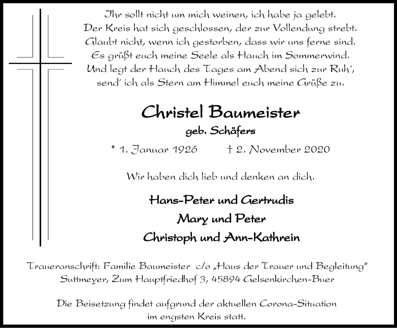  Traueranzeige für Christel Baumeister vom 07.11.2020 aus WVW Anzeigenblätter