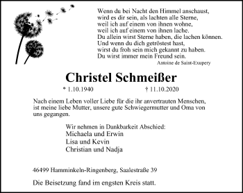 Traueranzeige von Christel Schmeißer von WVW Anzeigenblätter