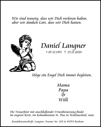 Traueranzeige von Daniel Langner von WVW Anzeigenblätter