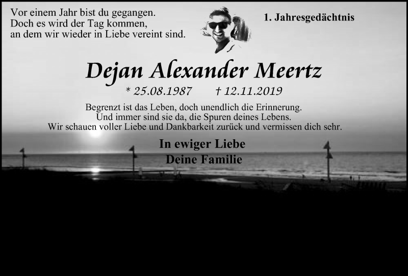  Traueranzeige für Dejan Alexander Meertz vom 14.11.2020 aus WVW Anzeigenblätter