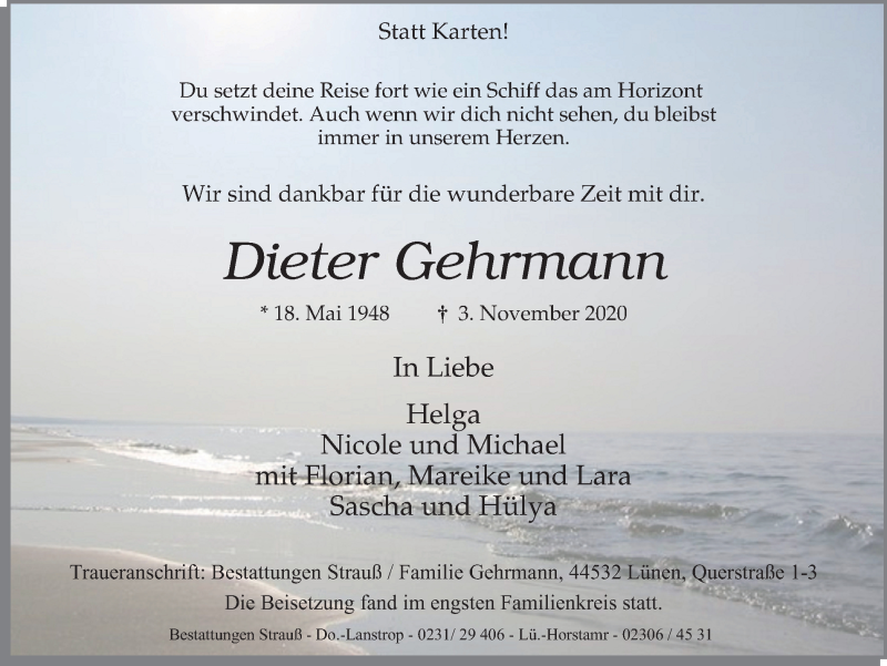  Traueranzeige für Dieter Gehrmann vom 21.11.2020 aus WVW Anzeigenblätter