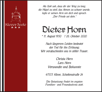 Traueranzeige von Dieter Horn von WVW Anzeigenblätter