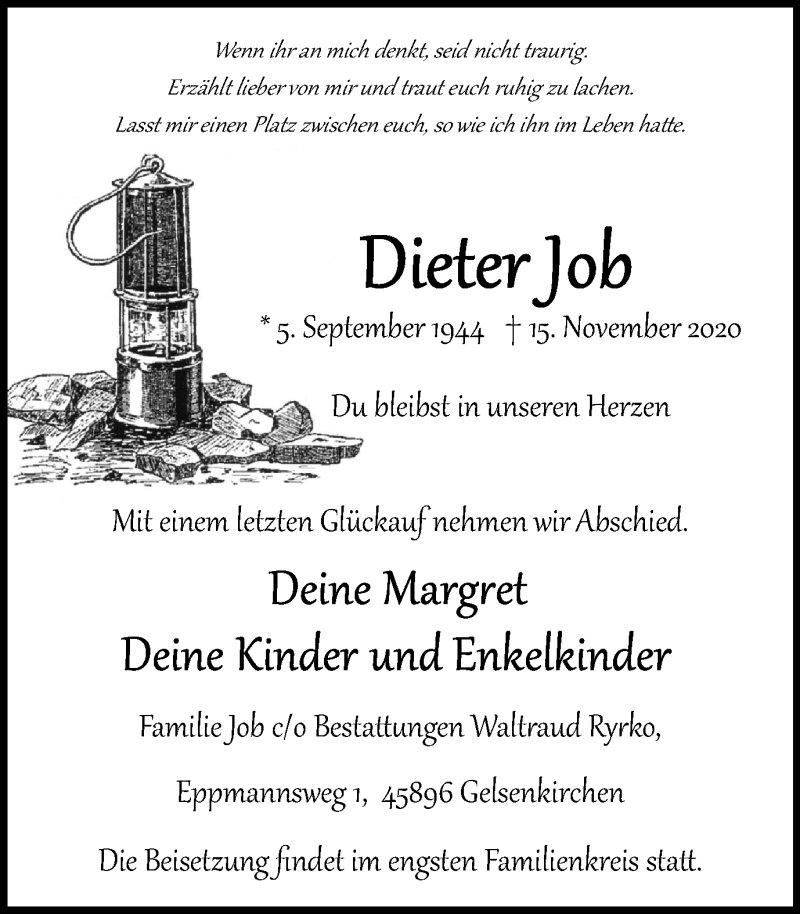  Traueranzeige für Dieter Job vom 21.11.2020 aus WVW Anzeigenblätter