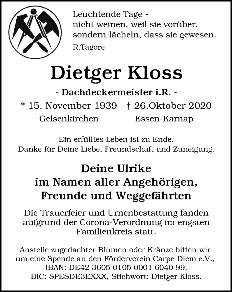  Traueranzeige für Dietger Kloss vom 07.11.2020 aus WVW Anzeigenblätter
