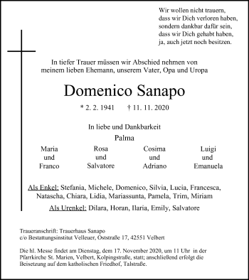 Traueranzeige von Domenico Sanapo von WVW Anzeigenblätter