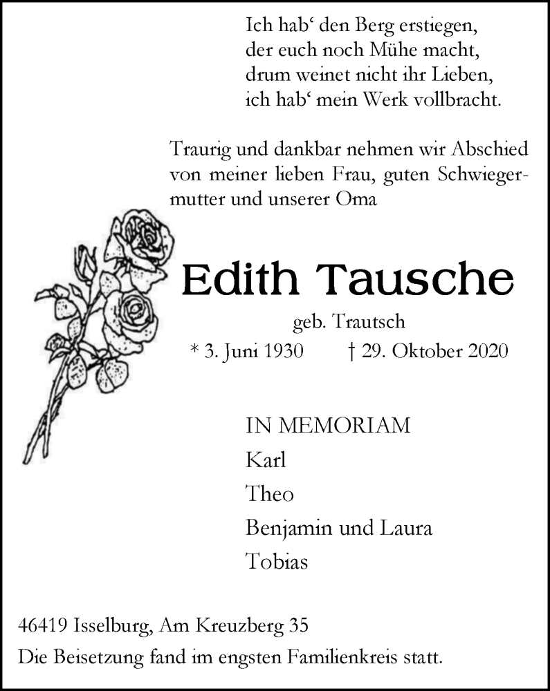  Traueranzeige für Edith Tausche vom 14.11.2020 aus WVW Anzeigenblätter