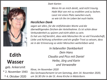 Traueranzeige von Edith Wasser von WVW Anzeigenblätter