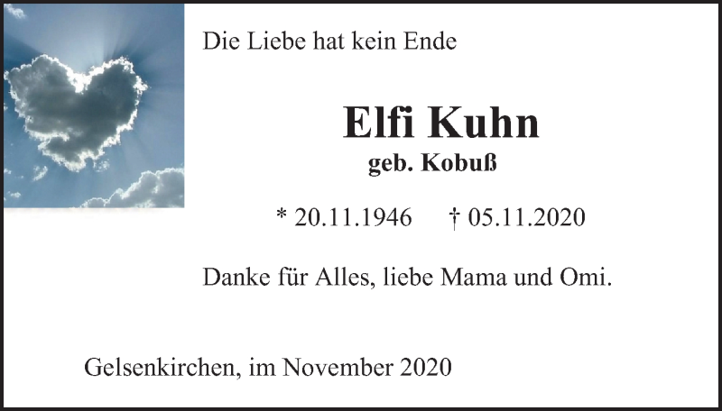  Traueranzeige für Elfi Kuhn vom 21.11.2020 aus WVW Anzeigenblätter